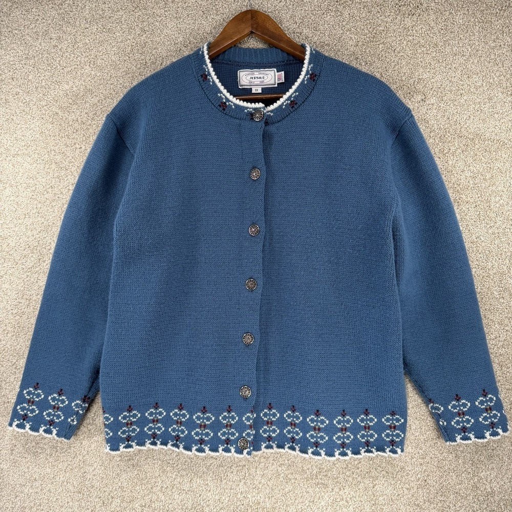 Jersild Cardigan Sweatee Sz 1X Nordic Cottage Core Fair Isle Blue Coquette‎ USA